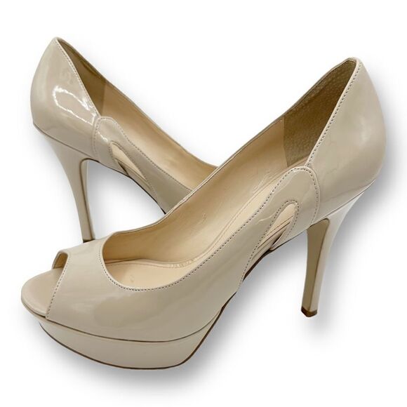 Marc Fisher Peep Toe Platform Stiletto Nude Patent Leather Heels Sz 10M - Picture 2 of 12